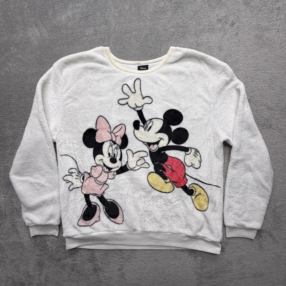 Disney Sweater Womens XL White Fleece Crewneck Mickey Minnie Embroidered Logo